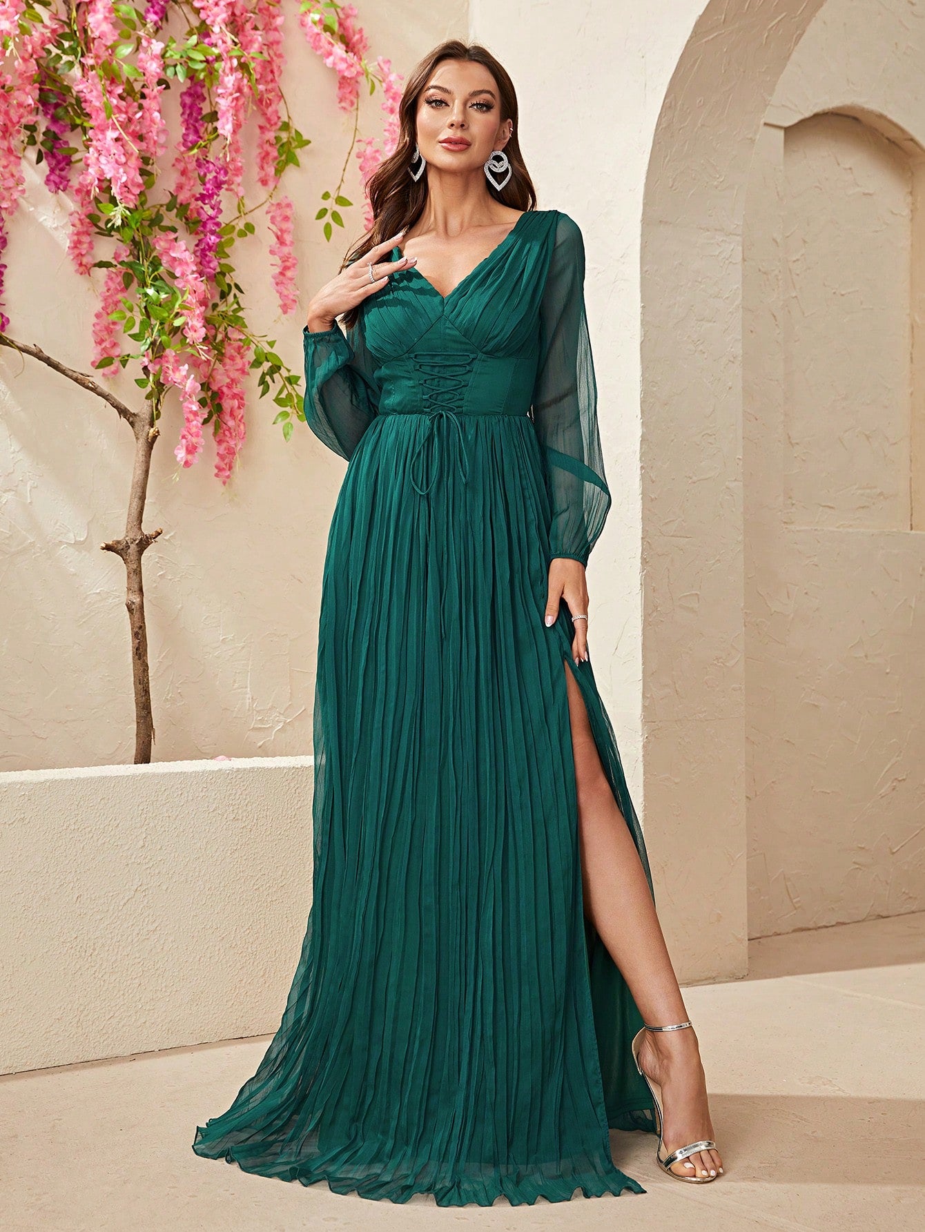 Surplice Neck Lace Up Split Thigh Dress