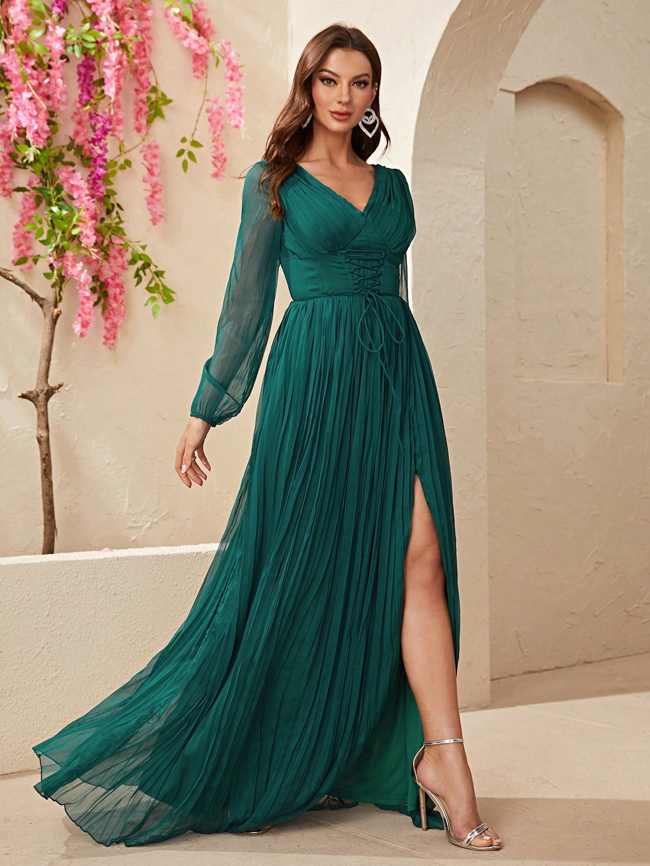 Surplice Neck Lace Up Split Thigh Dress
