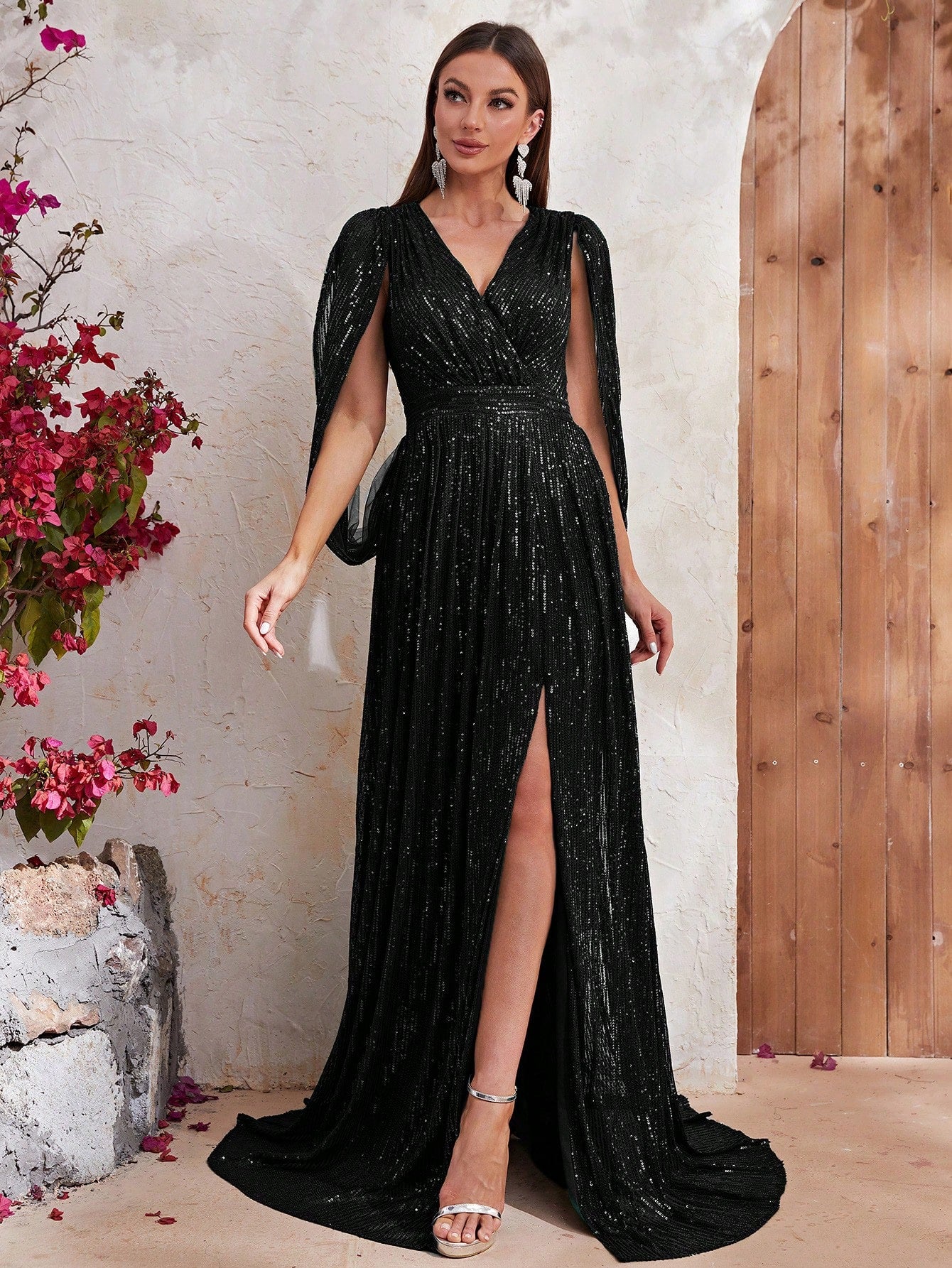 Surplice Neck Split Thigh Sequin Formal Dress