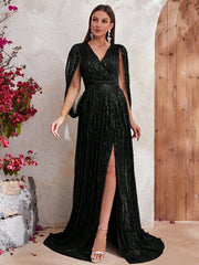 Surplice Neck Split Thigh Sequin Formal Dress