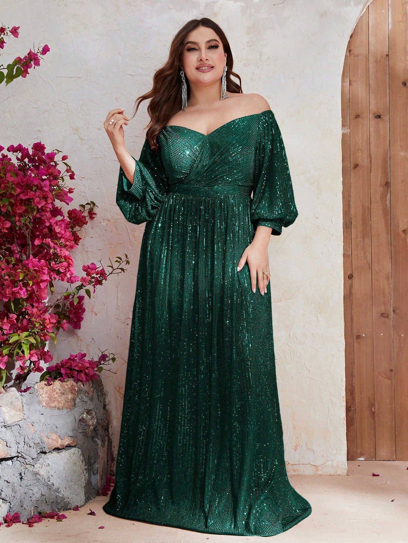 Plus Off Shoulder Lantern Sleeve Sequin Dress