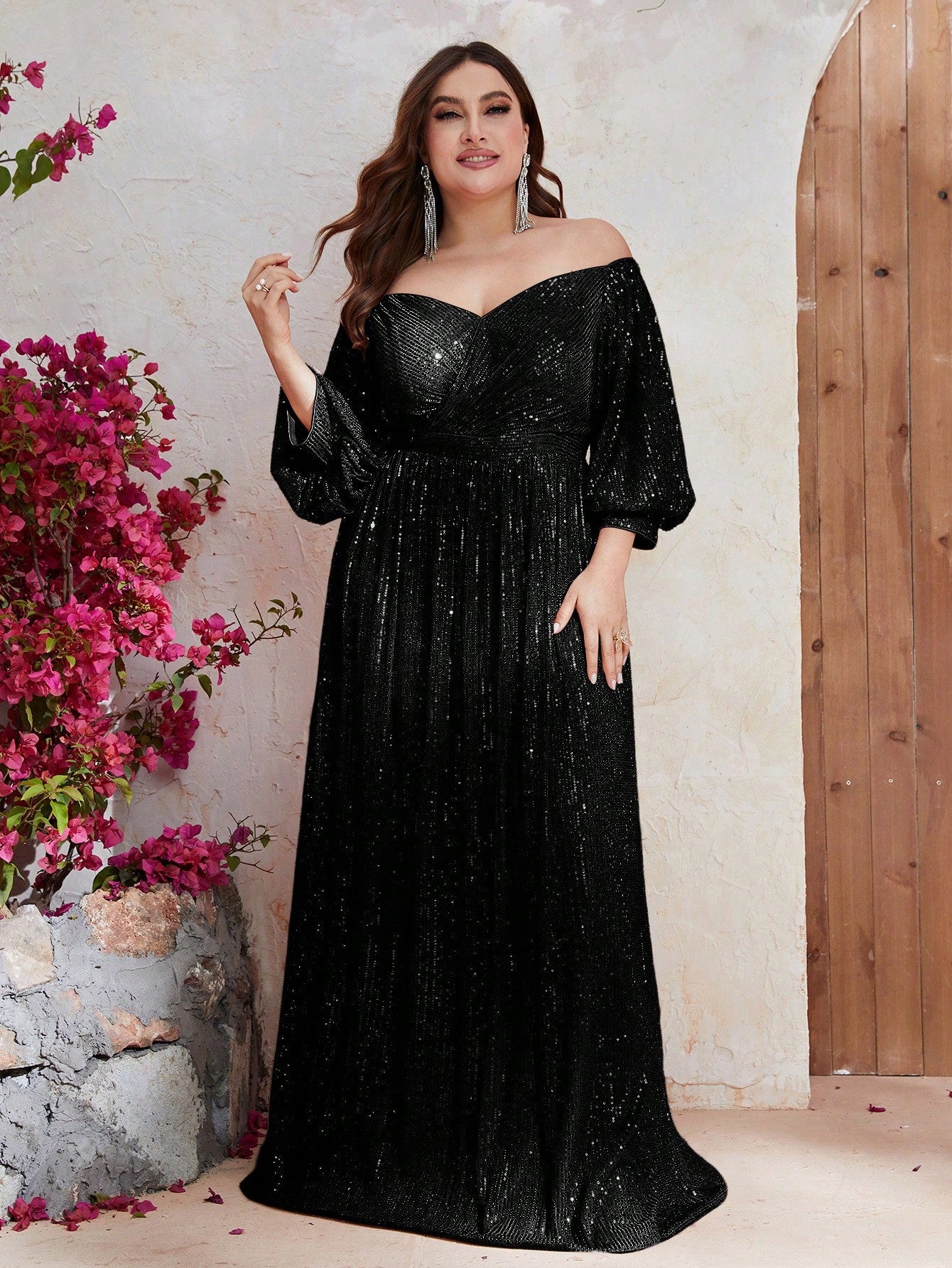 Plus Off Shoulder Lantern Sleeve Sequin Dress