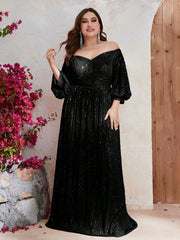 Plus Off Shoulder Lantern Sleeve Sequin Dress