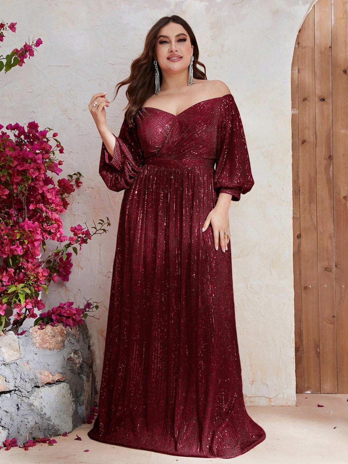 Plus Off Shoulder Lantern Sleeve Sequin Dress