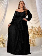 Plus Off Shoulder Belted Sequin Formal Dress