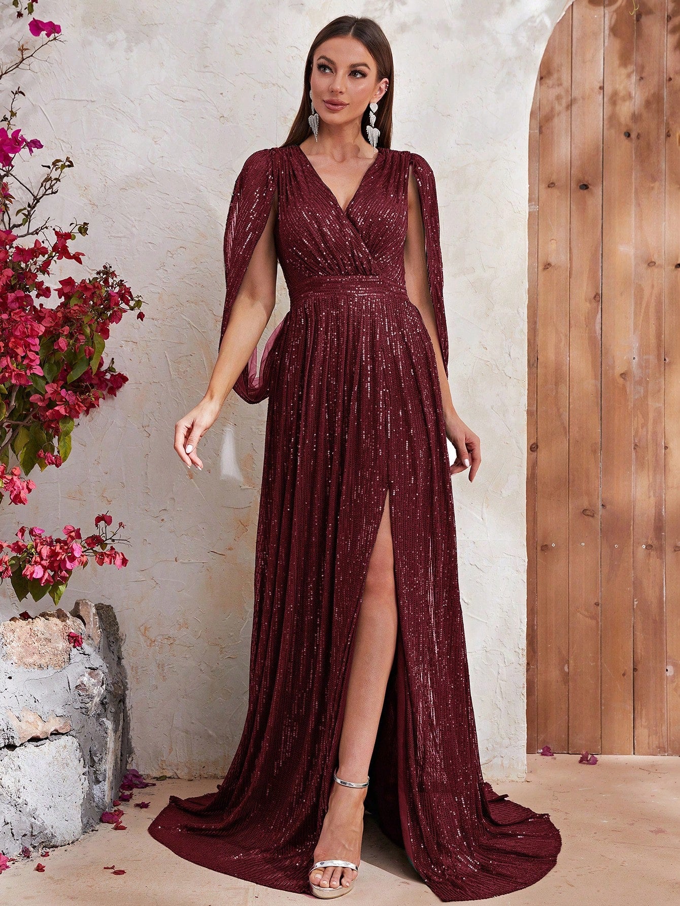 Surplice Neck Split Thigh Sequin Formal Dress