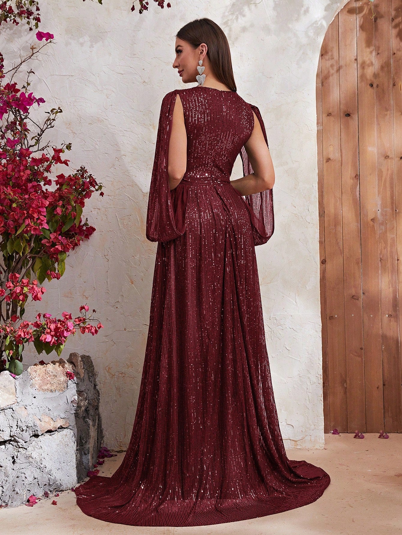 Surplice Neck Split Thigh Sequin Formal Dress