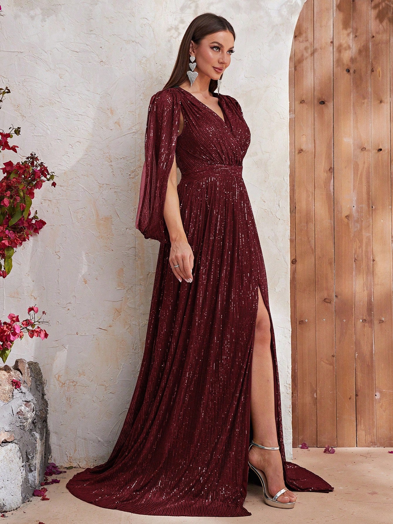Surplice Neck Split Thigh Sequin Formal Dress