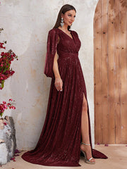 Surplice Neck Split Thigh Sequin Formal Dress