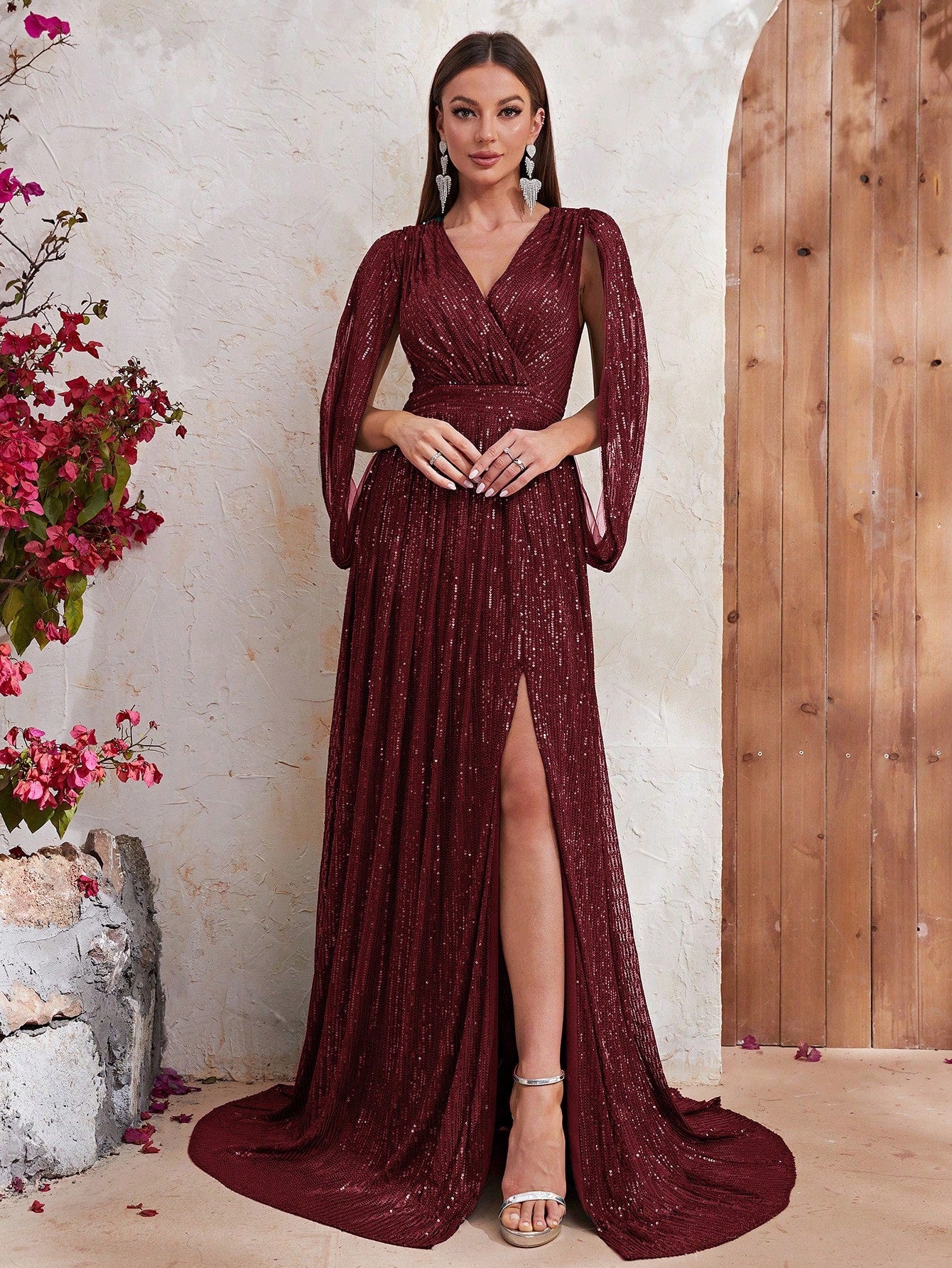 Surplice Neck Split Thigh Sequin Formal Dress