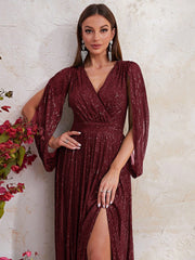 Surplice Neck Split Thigh Sequin Formal Dress
