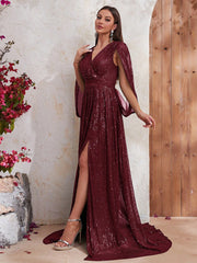 Surplice Neck Split Thigh Sequin Formal Dress