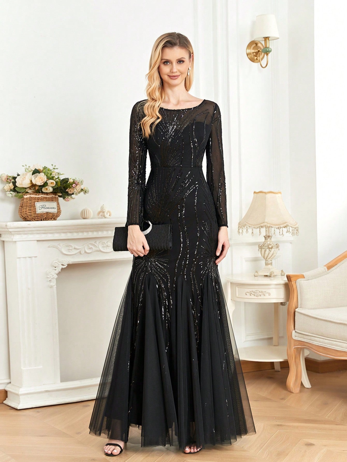 XUIBOL | Contrast Sequin Mesh Hem Party Dress
