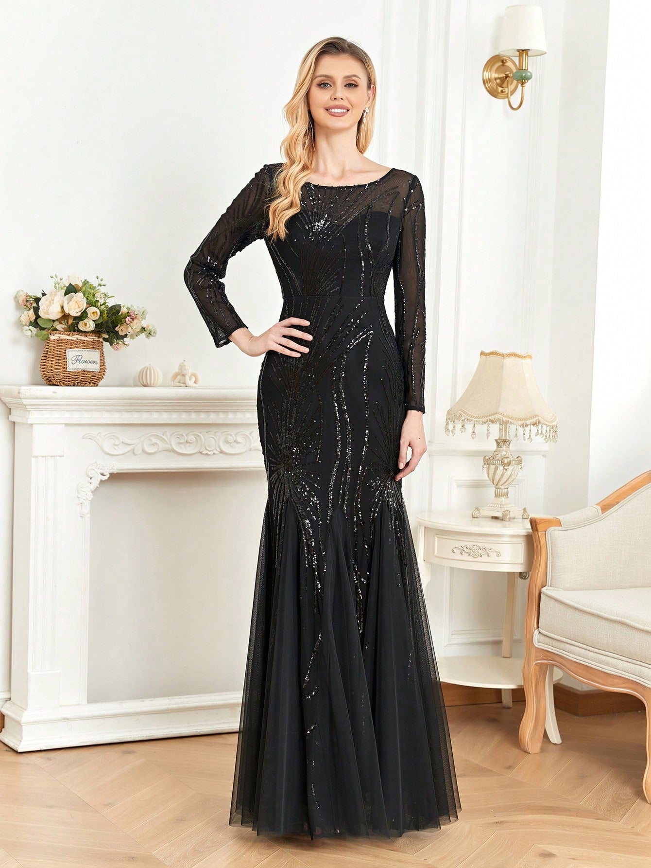 XUIBOL | Contrast Sequin Mesh Hem Party Dress