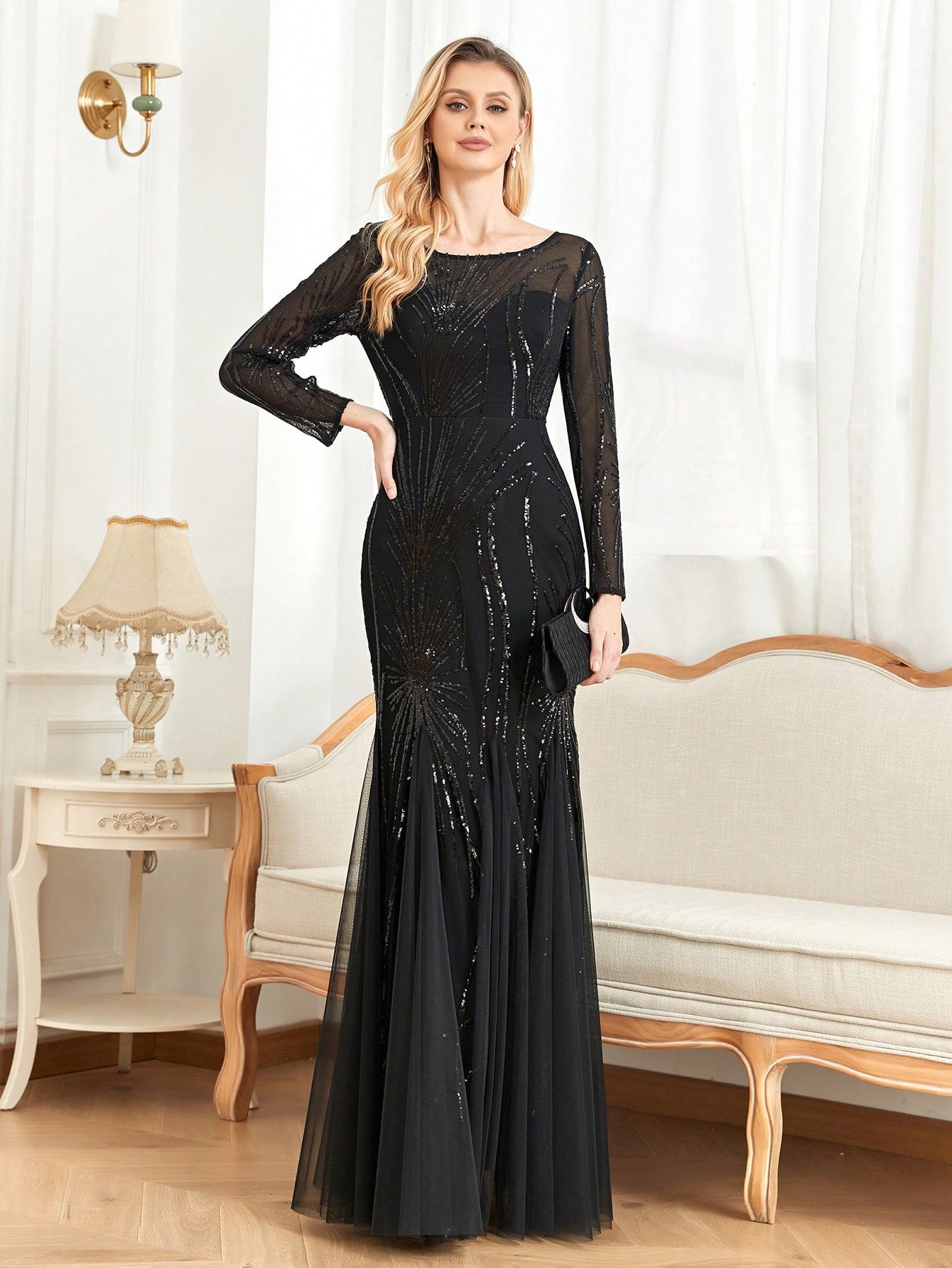 XUIBOL | Contrast Sequin Mesh Hem Party Dress