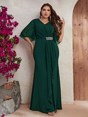 Plus Rhinestone Detail Ruffle Trim Draped Front Maxi Dress