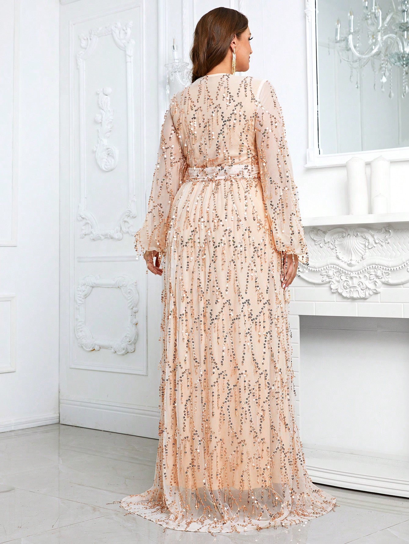 Plus Lantern Sleeve Belted Sequin Formal Dress