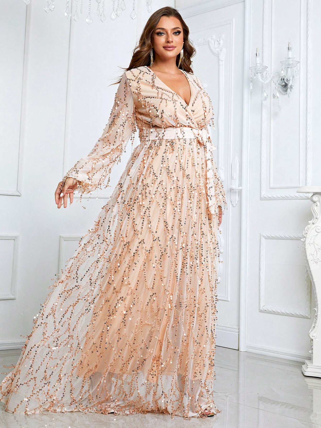Plus Lantern Sleeve Belted Sequin Formal Dress