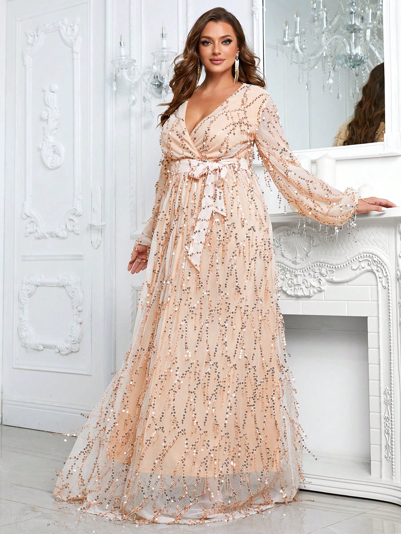 Plus Lantern Sleeve Belted Sequin Formal Dress