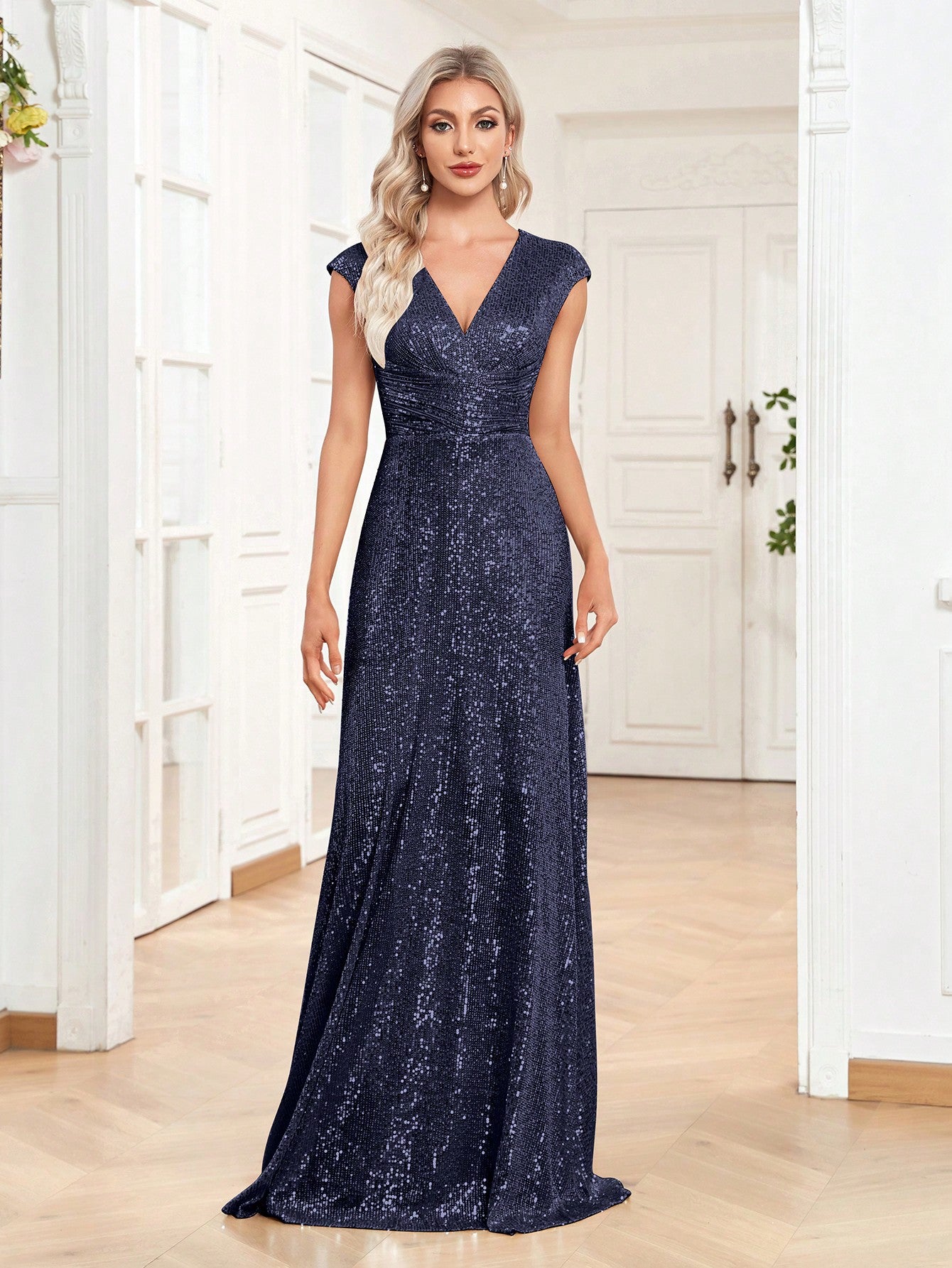 Surplice Neck Sequin Floor Length Formal Dress | XUIBOL