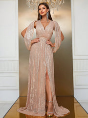 Surplice Neck Split Thigh Sequin Formal Dress