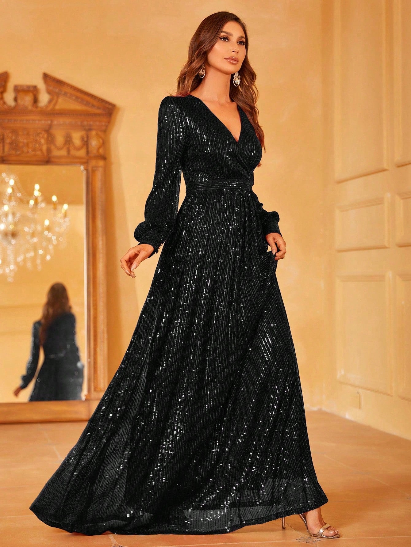 Surplice Neck Lantern Sleeve Sequin Formal Dress | XUIBOL
