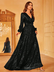Surplice Neck Lantern Sleeve Sequin Formal Dress