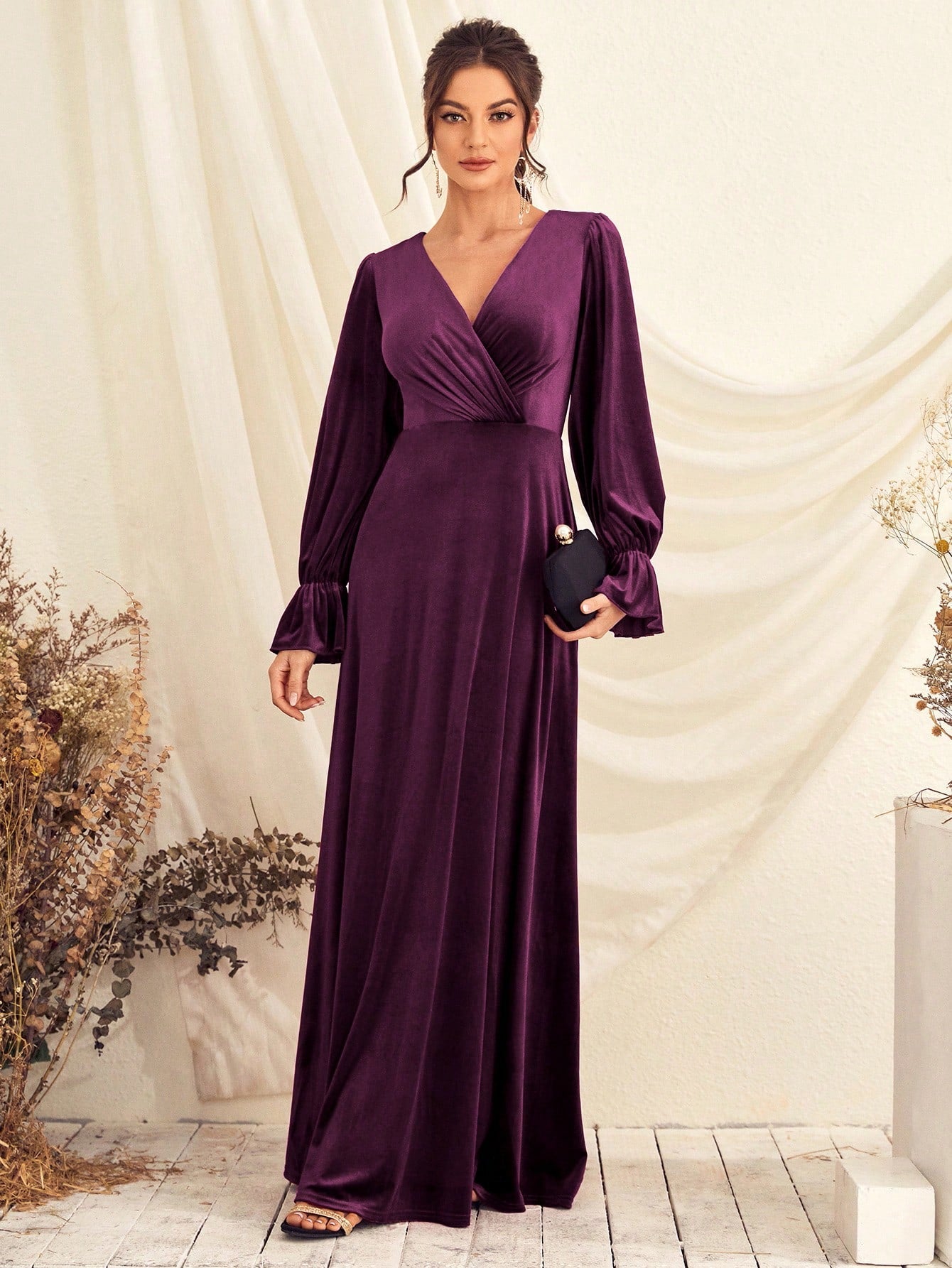 Surplice Neck Flounce Sleeve Dress