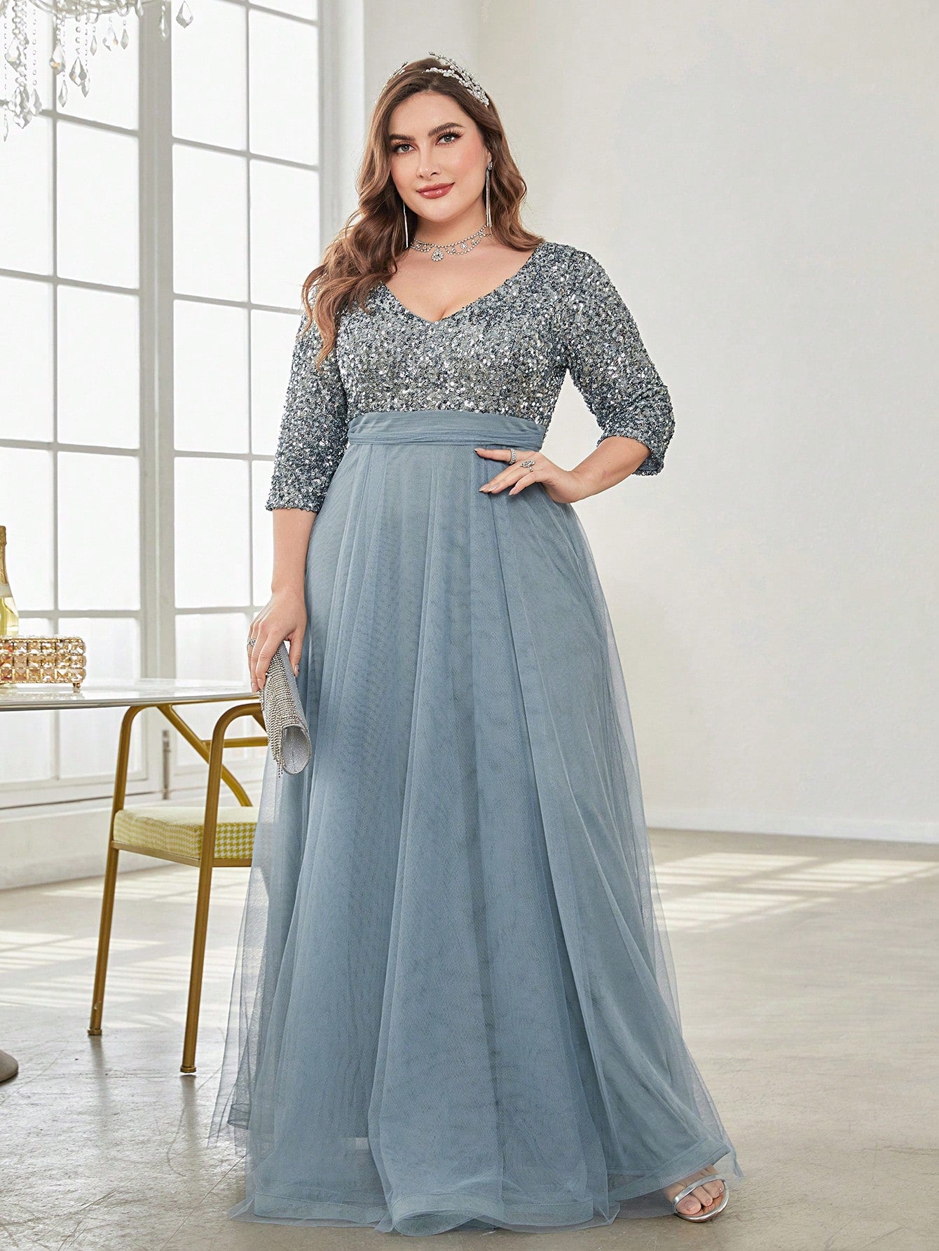 Plus Sequin Insert Mesh Overlay Formal Dress