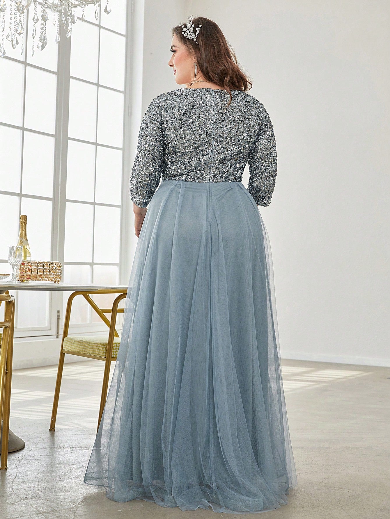 Plus Sequin Insert Mesh Overlay Formal Dress