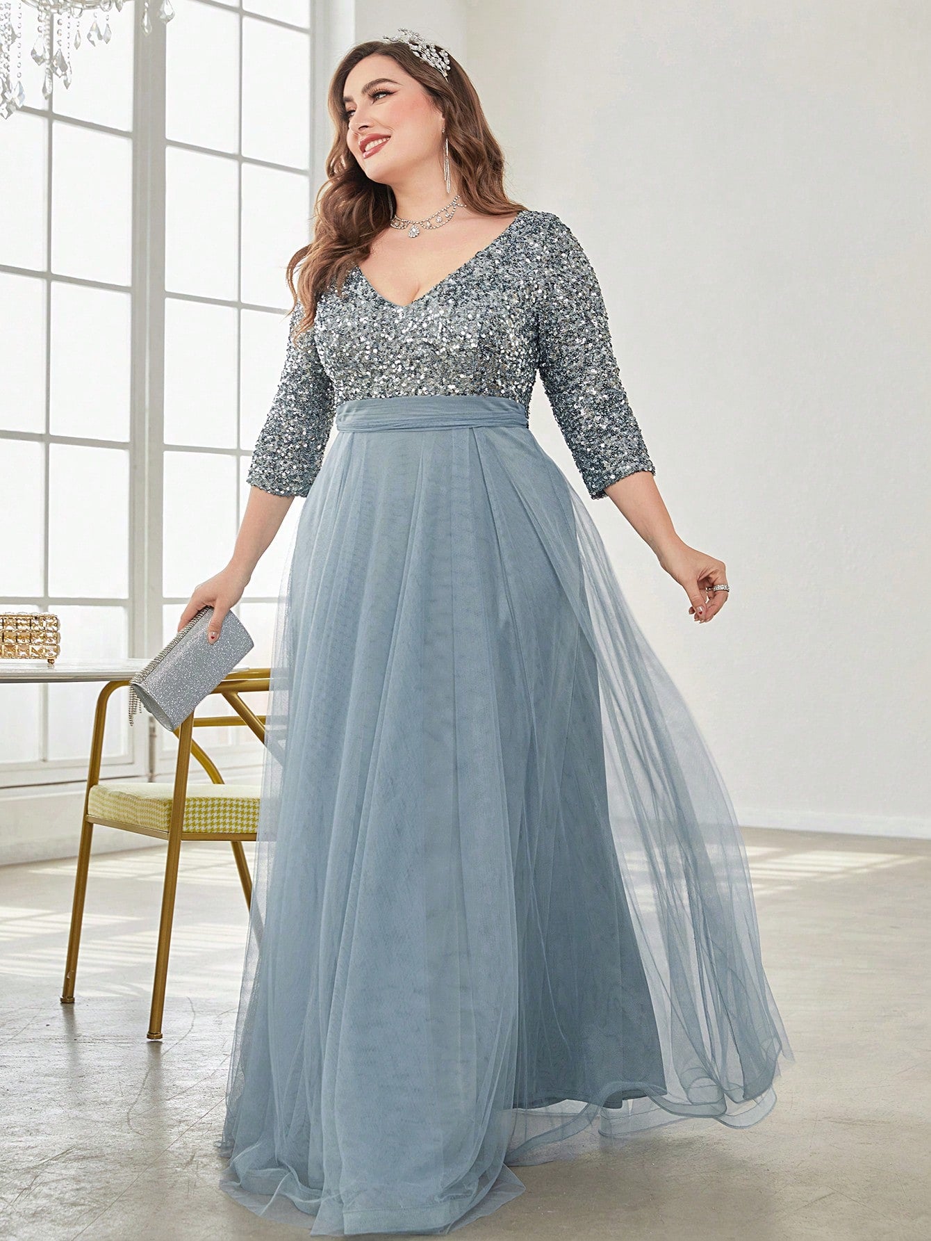 Plus Sequin Insert Mesh Overlay Formal Dress