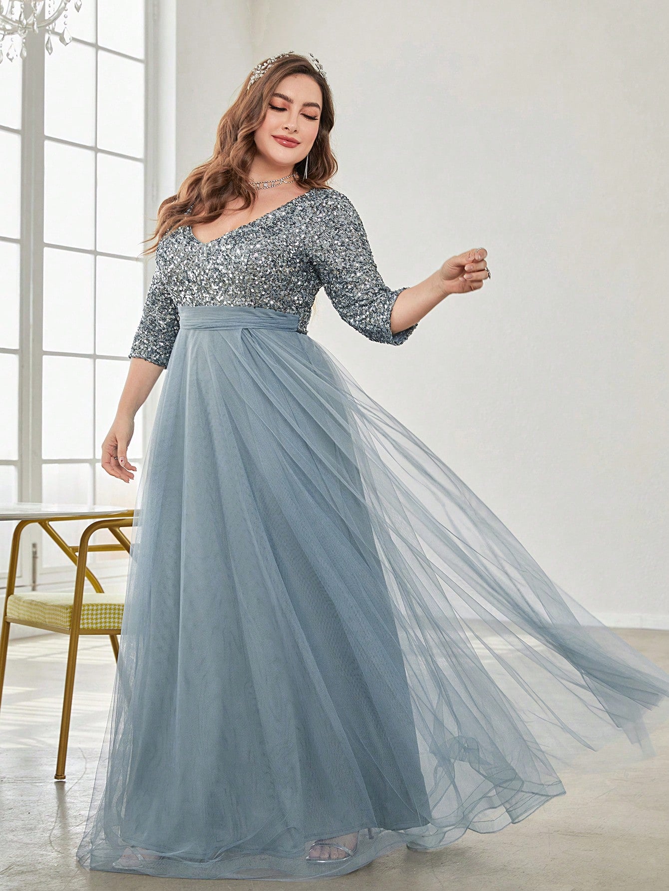 Plus Sequin Insert Mesh Overlay Formal Dress