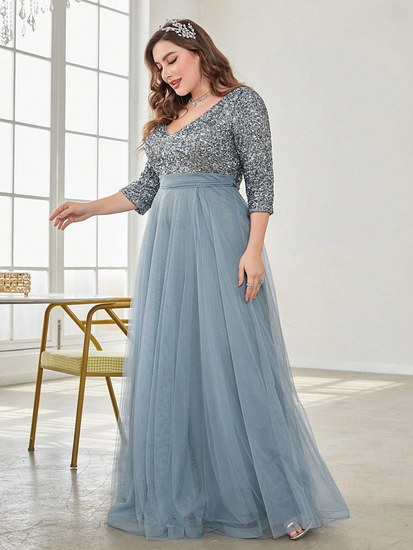 Plus Sequin Insert Mesh Overlay Formal Dress