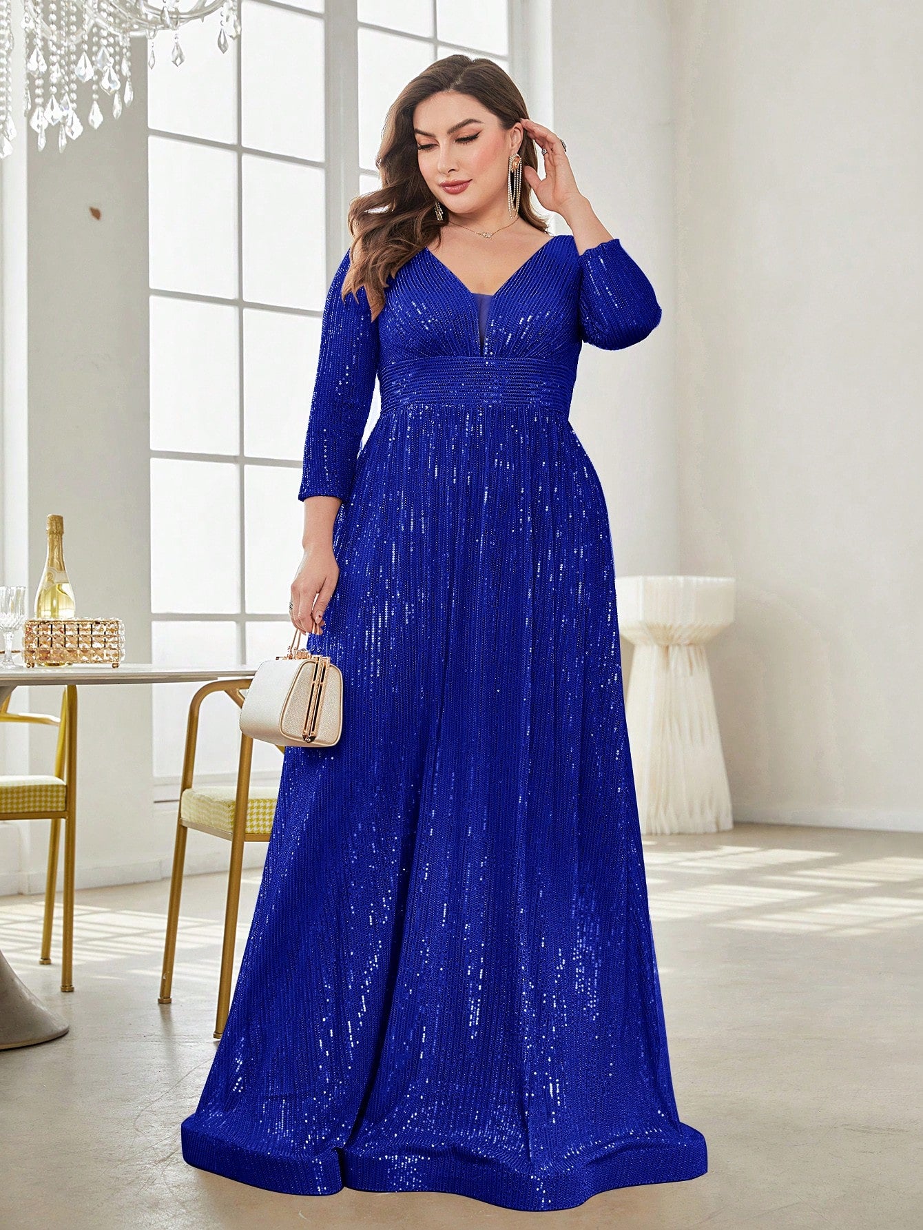 Plus Plunging Neck Sequin Party Dress | XUIBOL