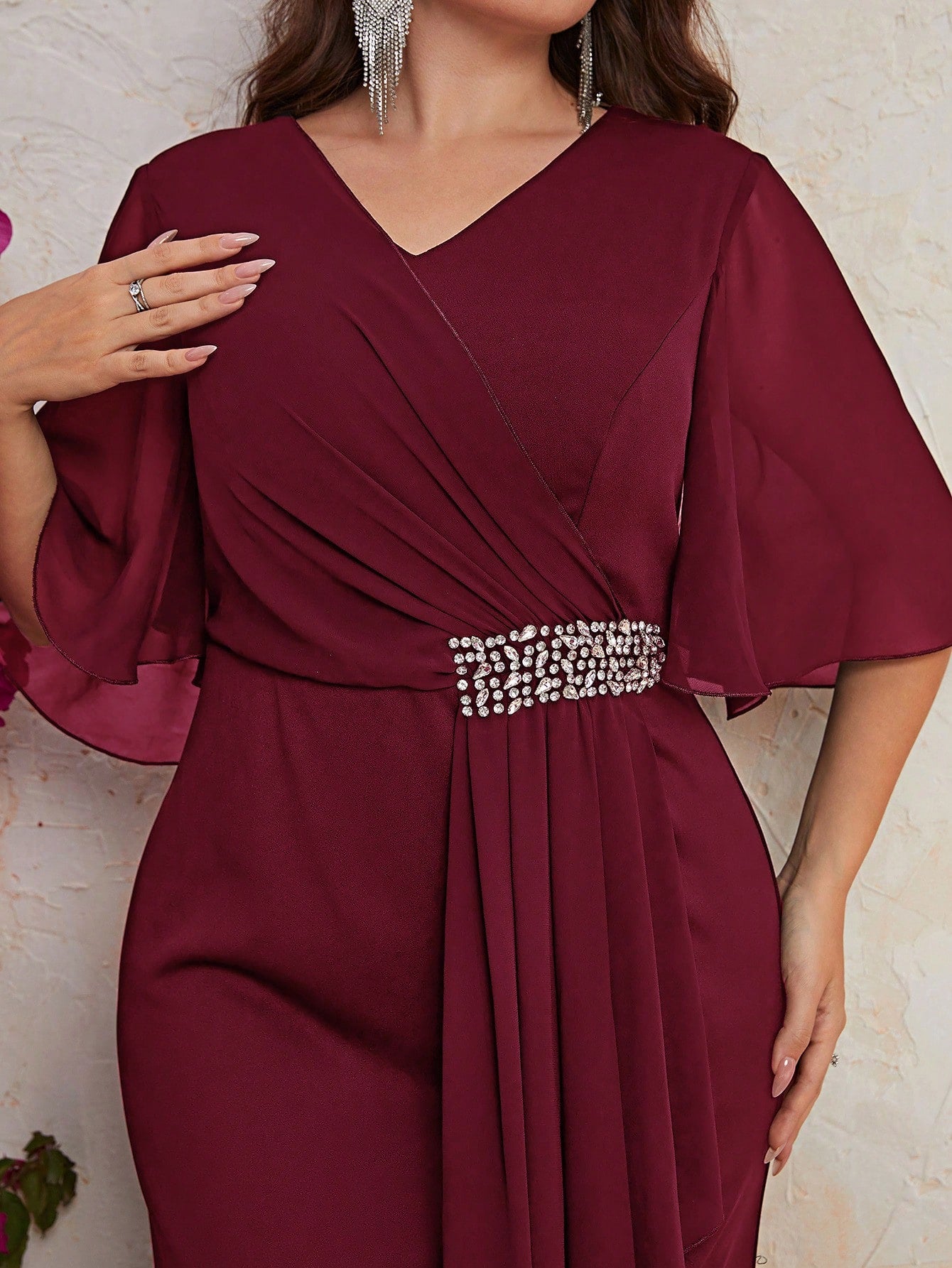 Plus Rhinestone Detail Ruffle Trim Draped Front Maxi Dress