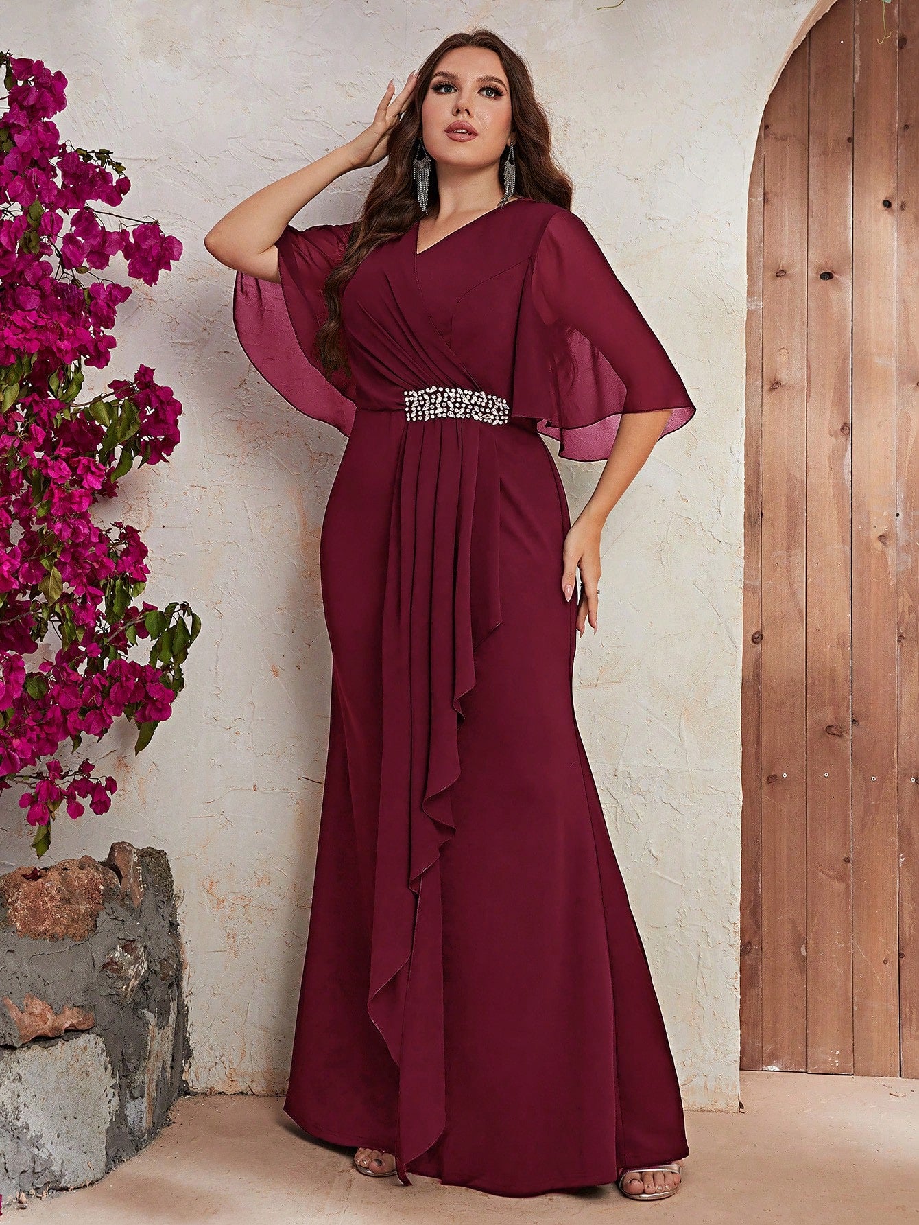 Plus Rhinestone Detail Ruffle Trim Draped Front Maxi Dress