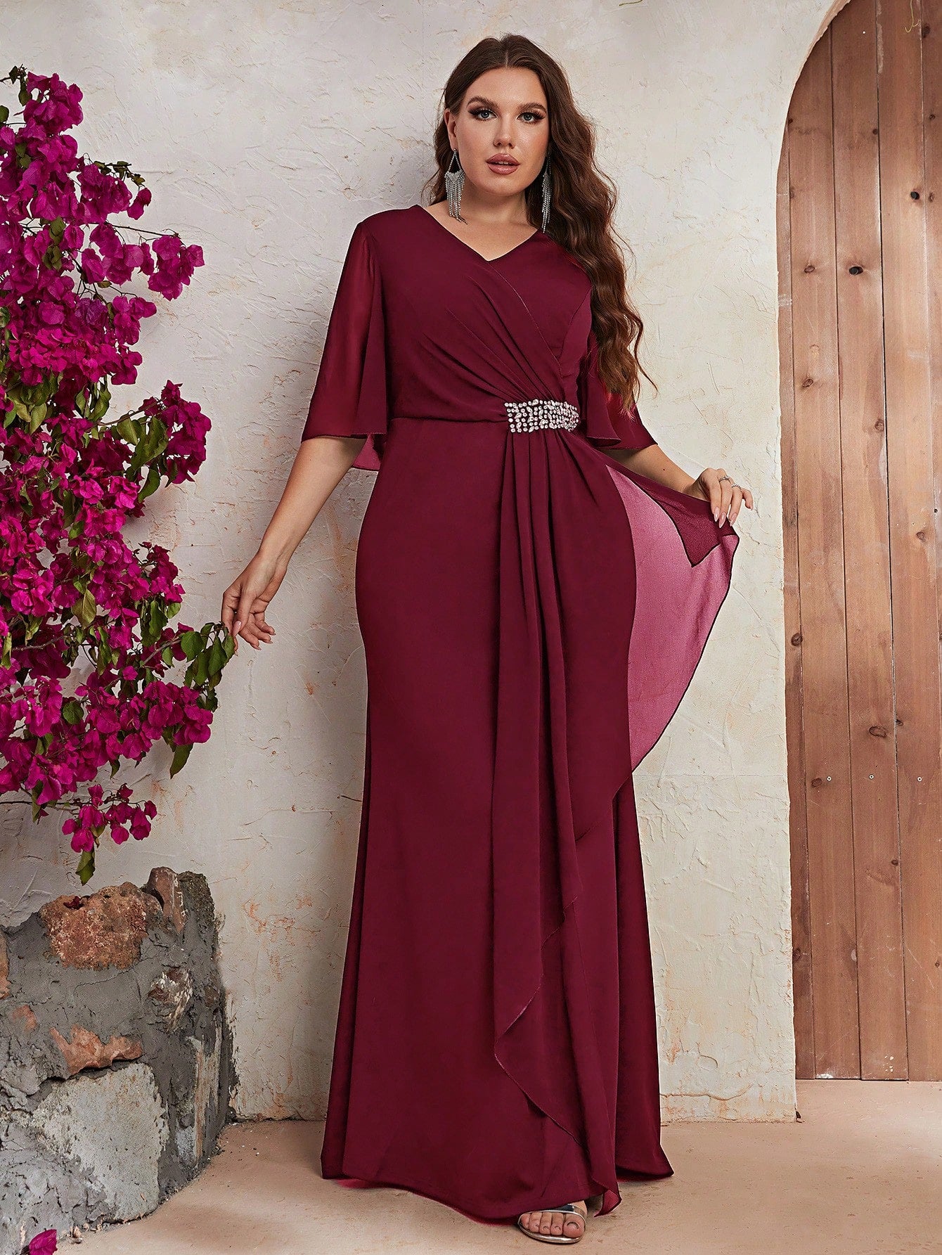 Plus Rhinestone Detail Ruffle Trim Draped Front Maxi Dress