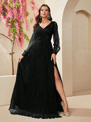 Surplice Neck Lace Up Split Thigh Dress