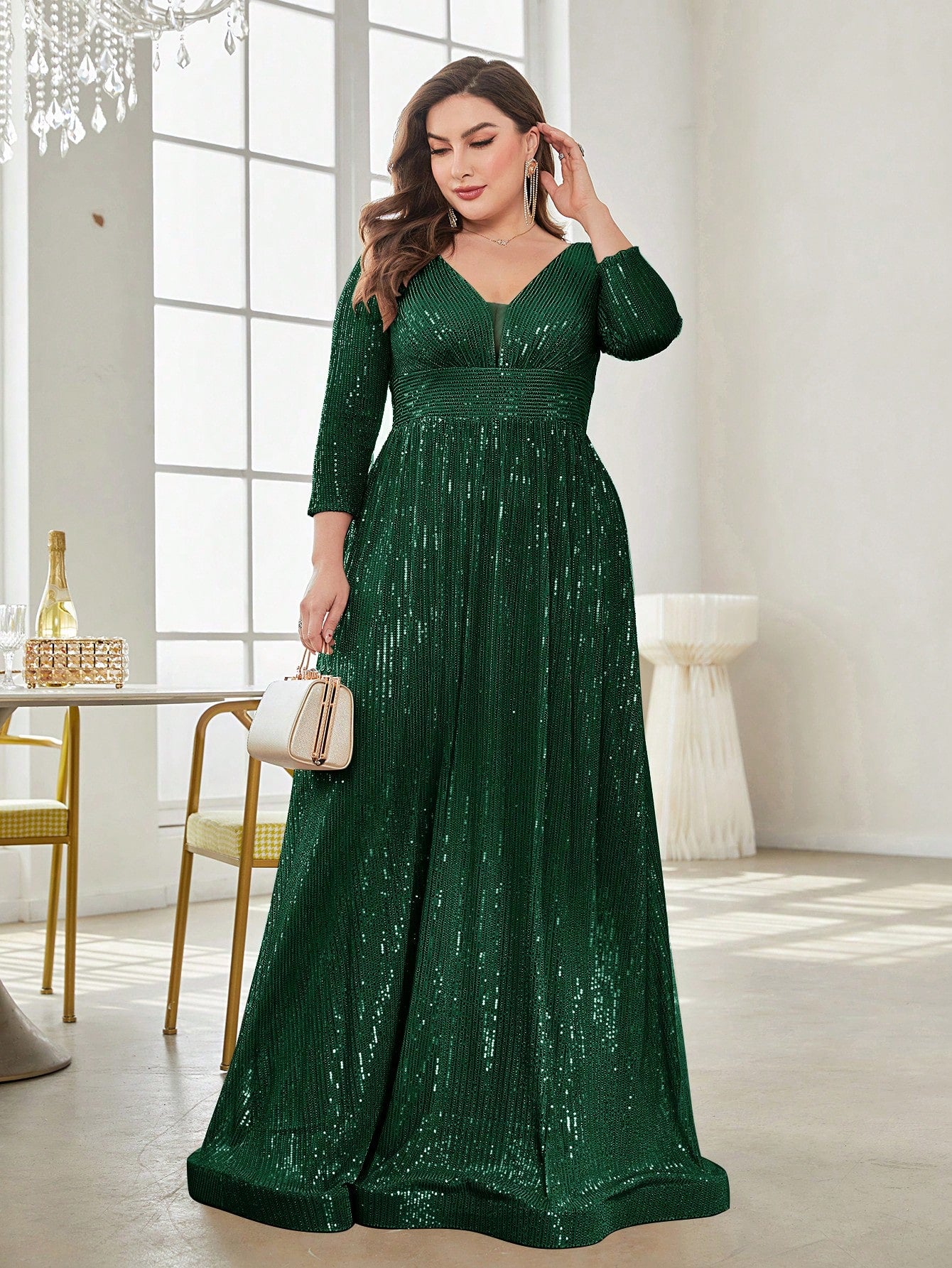 Plus Plunging Neck Sequin Party Dress | XUIBOL