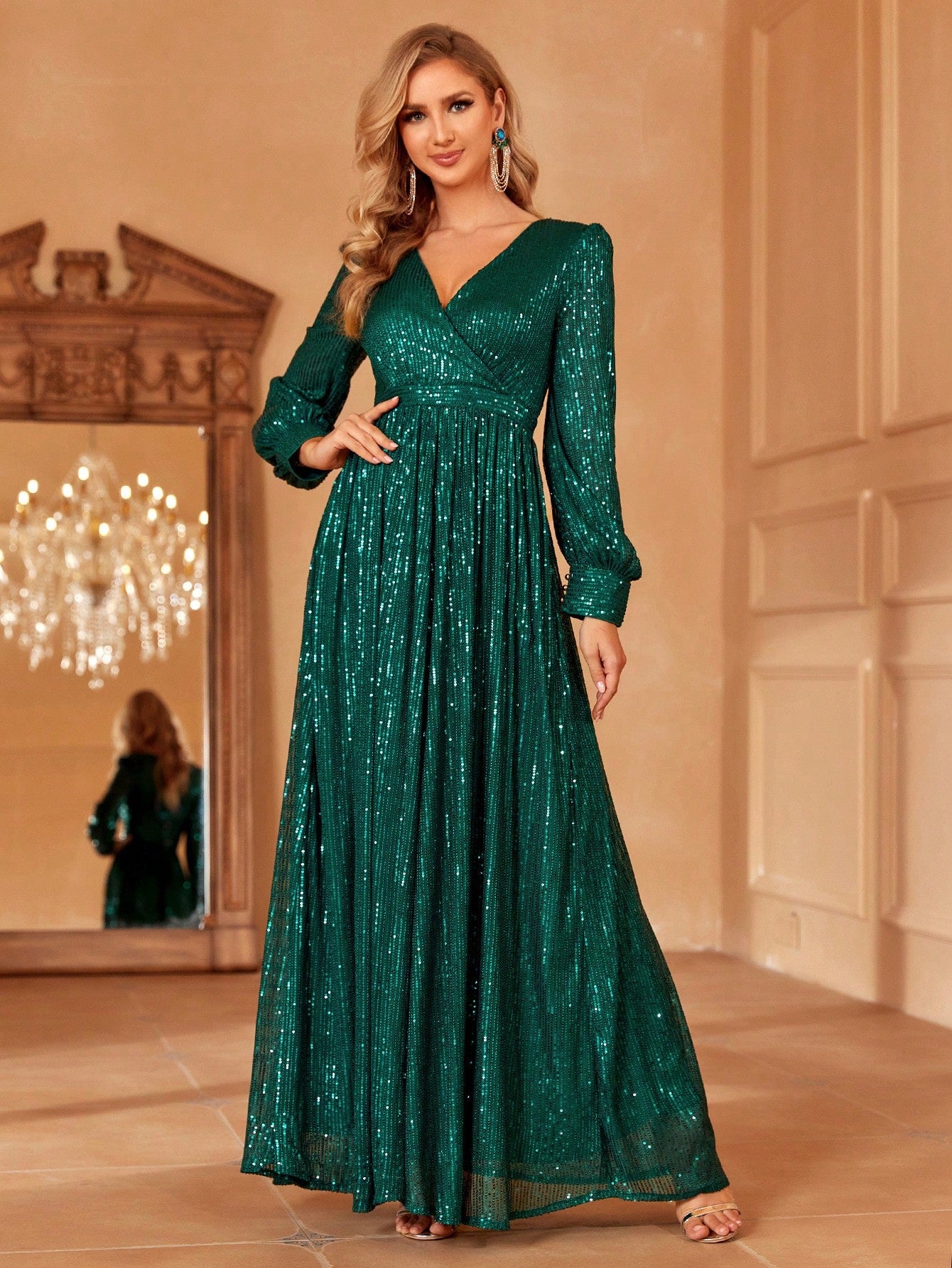 Surplice Neck Lantern Sleeve Sequin Formal Dress | XUIBOL