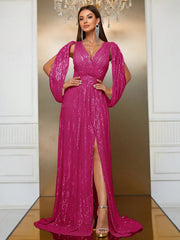Surplice Neck Split Thigh Sequin Formal Dress