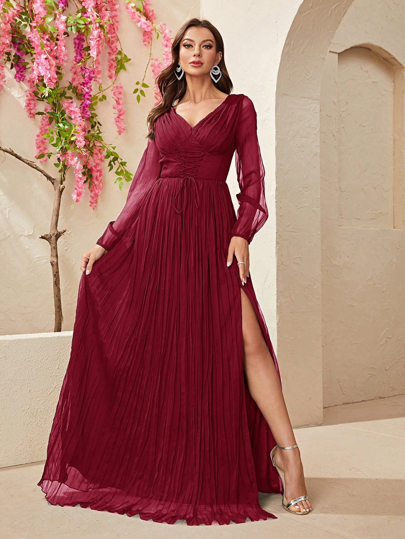 Surplice Neck Lace Up Split Thigh Dress