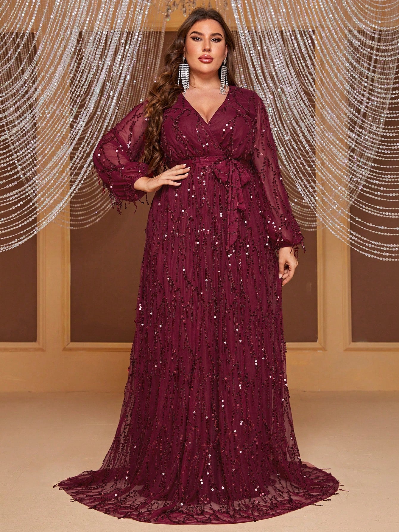Plus Lantern Sleeve Belted Sequin Formal Dress