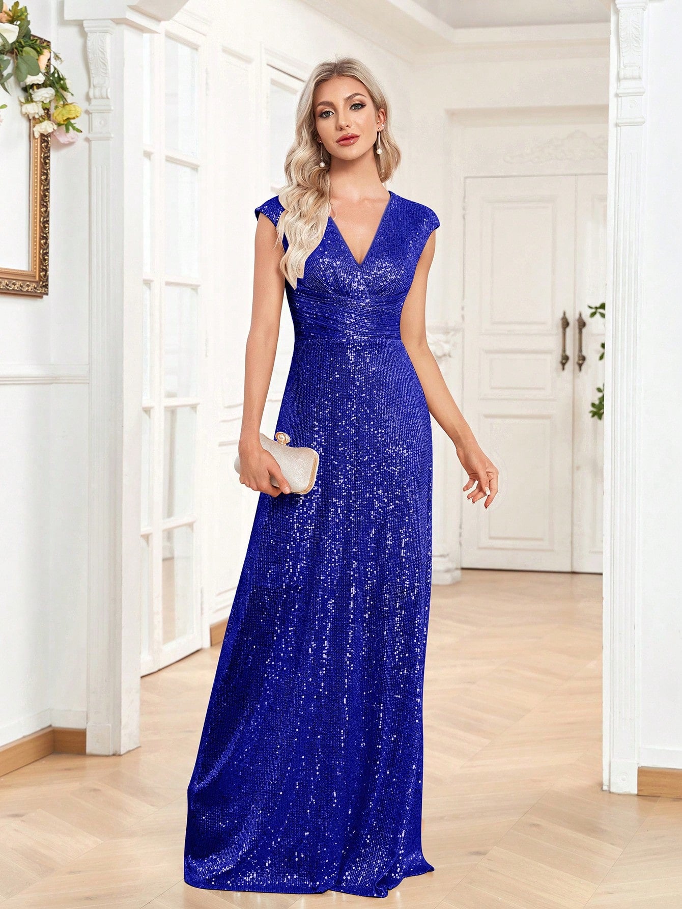 Surplice Neck Sequin Floor Length Formal Dress | XUIBOL