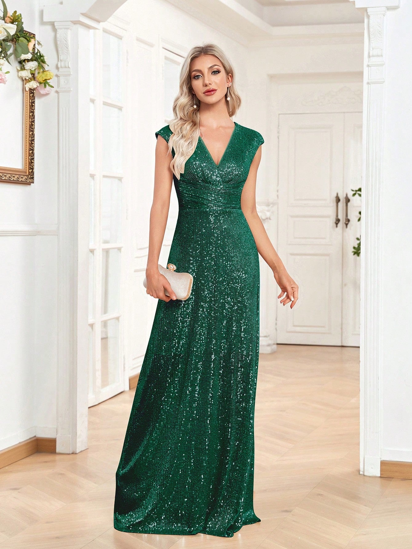 Surplice Neck Sequin Floor Length Formal Dress | XUIBOL