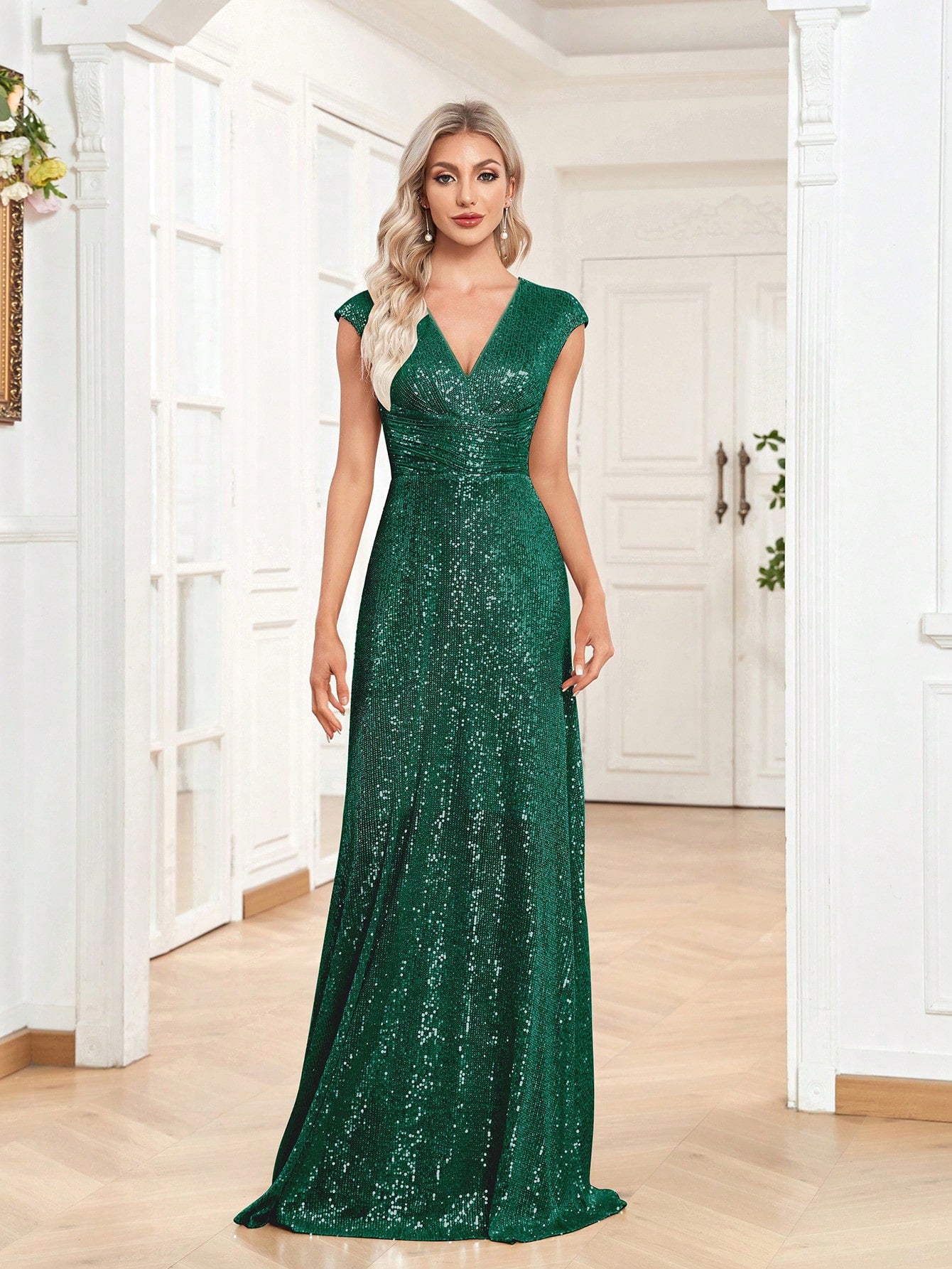 Plunging Neck Sequin Formal Dress