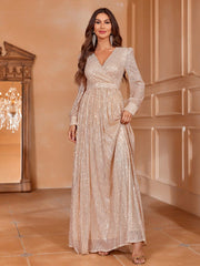 Surplice Neck Lantern Sleeve Sequin Formal Dress