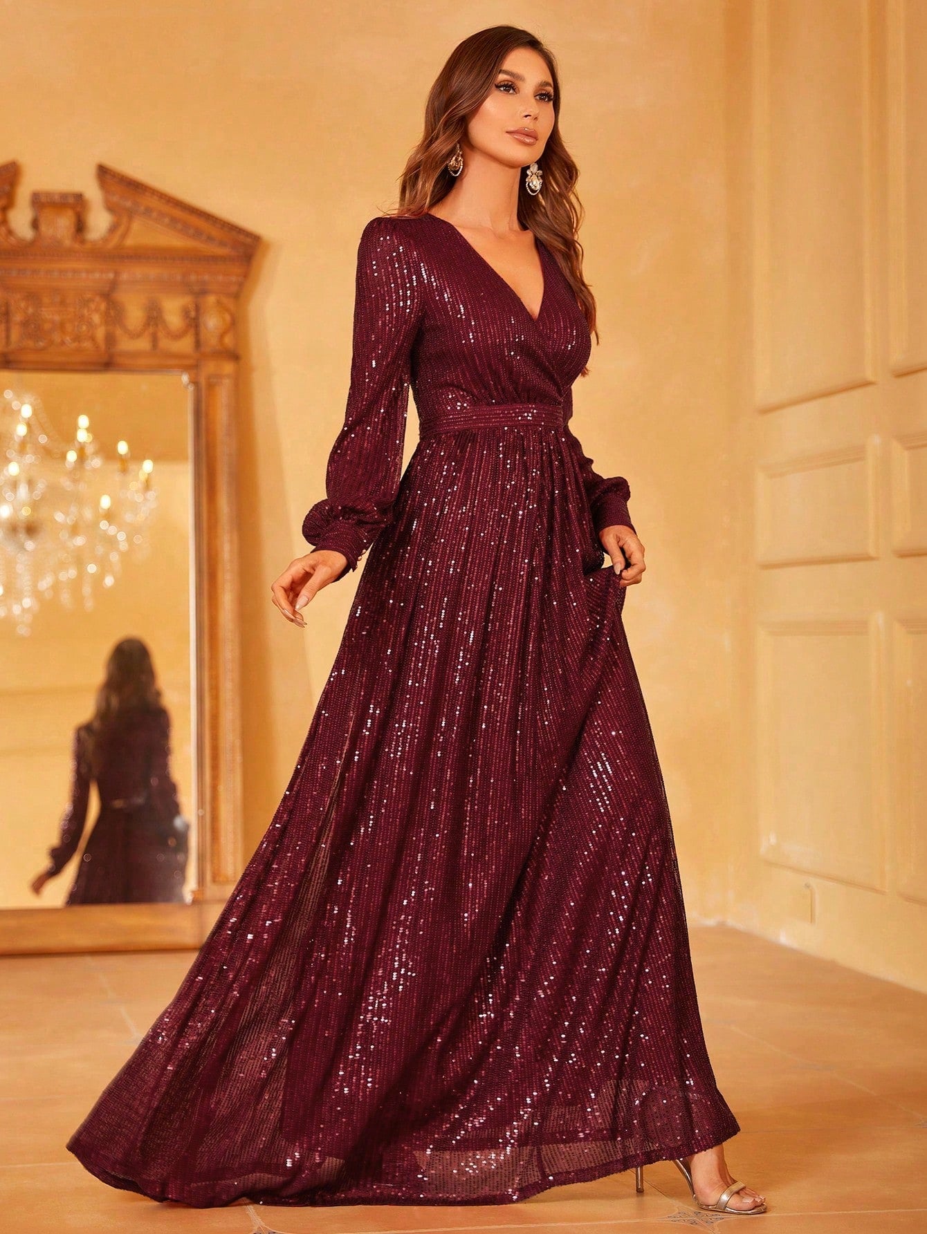 Surplice Neck Lantern Sleeve Sequin Formal Dress | XUIBOL