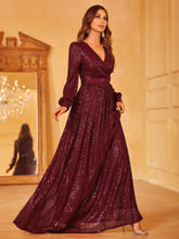 Surplice Neck Lantern Sleeve Sequin Formal Dress