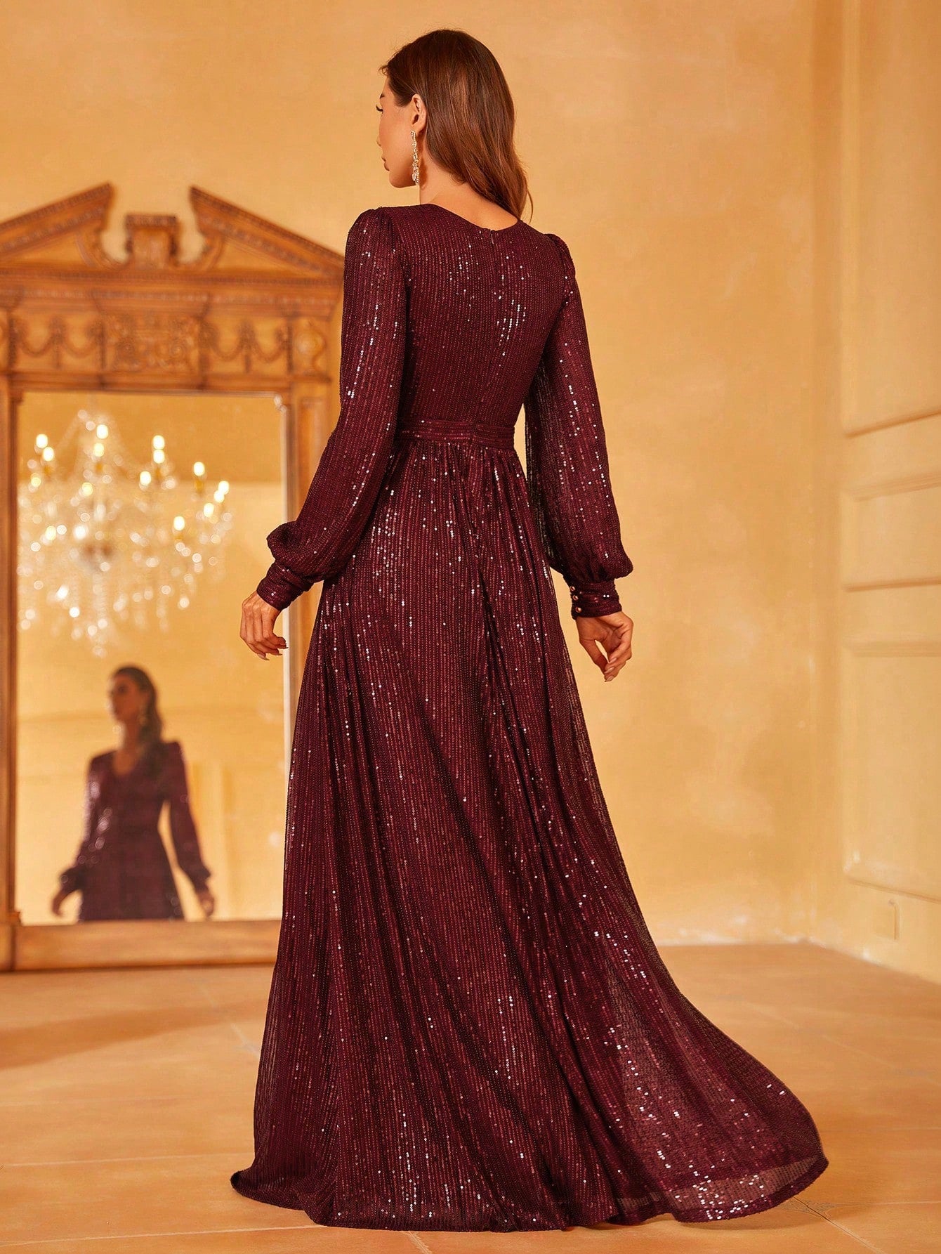 Surplice Neck Lantern Sleeve Sequin Formal Dress | XUIBOL